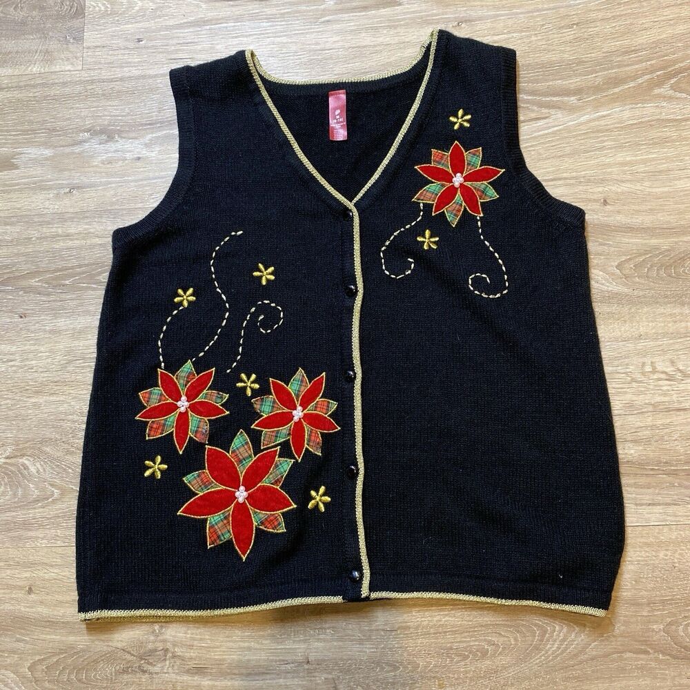 Vtg Sweater Vest Women Med. Black V Neck Red Poinsettia Plaid Festive Christmas